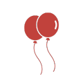 Two red balloons with curling strings floating on a white background