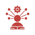 Red icon of a person with a gear and connected nodes above an open book