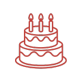 Red outline of a three-tier birthday cake with three lit candles