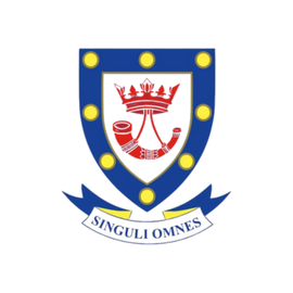 Blue and gold shield crest with red emblem and banner reading “SINGULI OMNES”