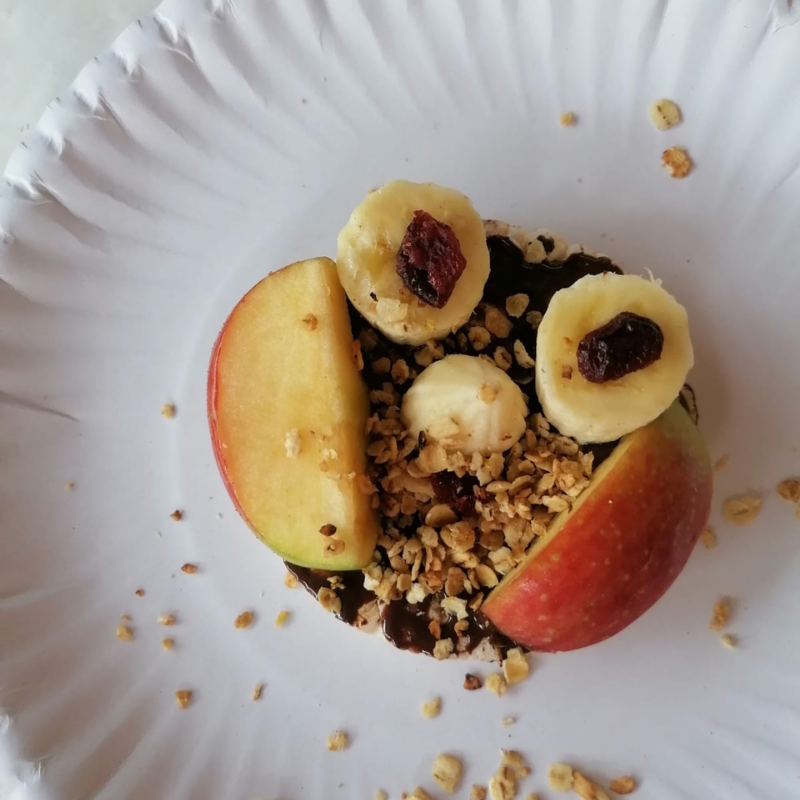 Apple slices, banana rounds, granola, and raisins arranged on a white paper plate.