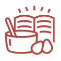 Red line art of an open book, coffee cup, and two eggs on a white background