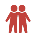 Two red human figures standing side by side on a white background