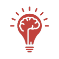 Red lightbulb with a brain inside and radiating lines, symbolizing an idea or innovation.