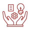 Red outline of hands holding a gear, document, and lightbulb icon set on a white background