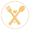 Gold fork and spoon crossed inside a thin gold circle on white background