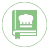 Green cookbook icon inside a light green circle, with a chef hat and book outline.