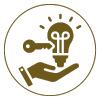 Hand holding a glowing light bulb with sun rays, in a brown circular icon