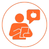 Orange icon of a person working on a laptop with a speech bubble and thumbs-up symbol