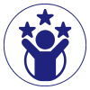 Blue icon of a person with arms raised inside a circle, surrounded by three stars