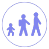 Three purple human figures inside a circle, smallest to largest from left to right