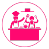 Pink icon of two people at a table with a presentation board, inside a circle