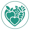 Green circular logo with a white heart, leaf, fruit, and plant icons inside