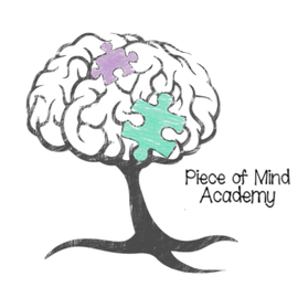 Logo of a brain tree with purple and teal puzzle pieces and the text “Piece of Mind Academy”