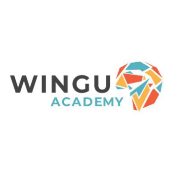 Wingu Academy logo with black and teal text and a colorful geometric lion head icon