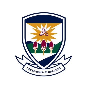 Blue and white shield emblem with sunburst, three flowers, and ribbon reading “Crescamus Floreamus”