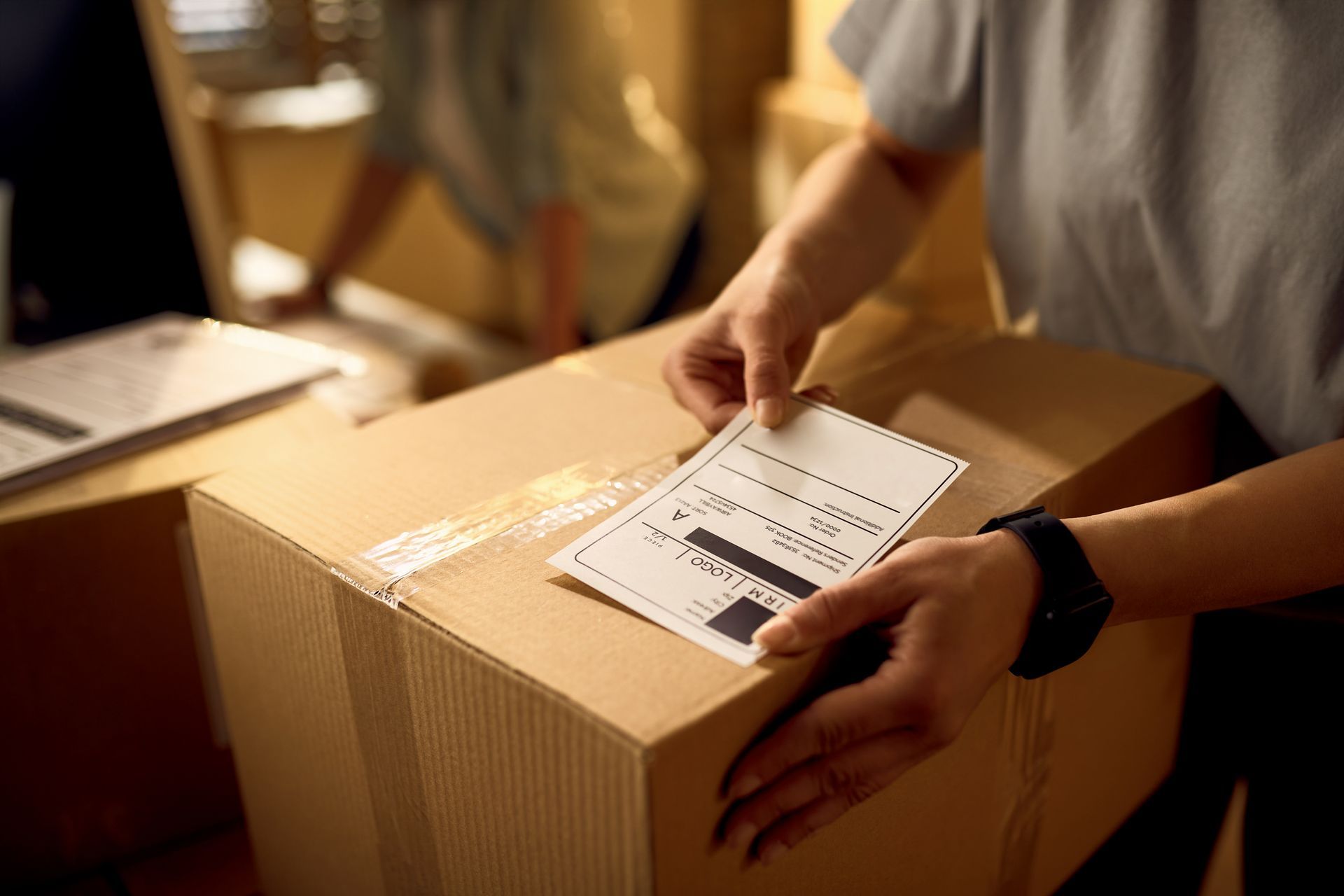 a person is holding a cardboard box with a label on it
