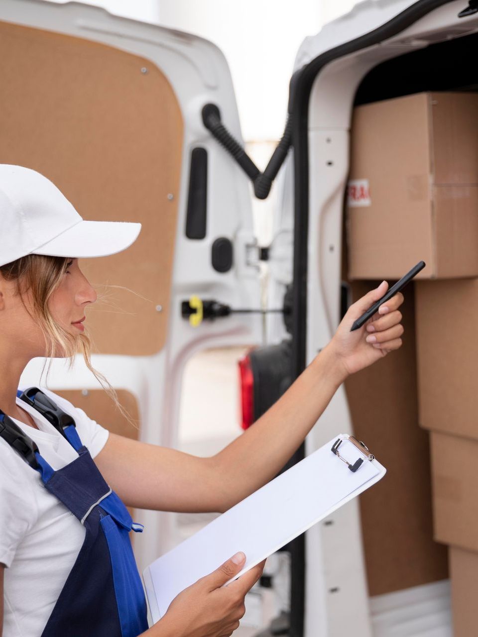 a delivery woman holds a clipboard and a pen in front of a white van