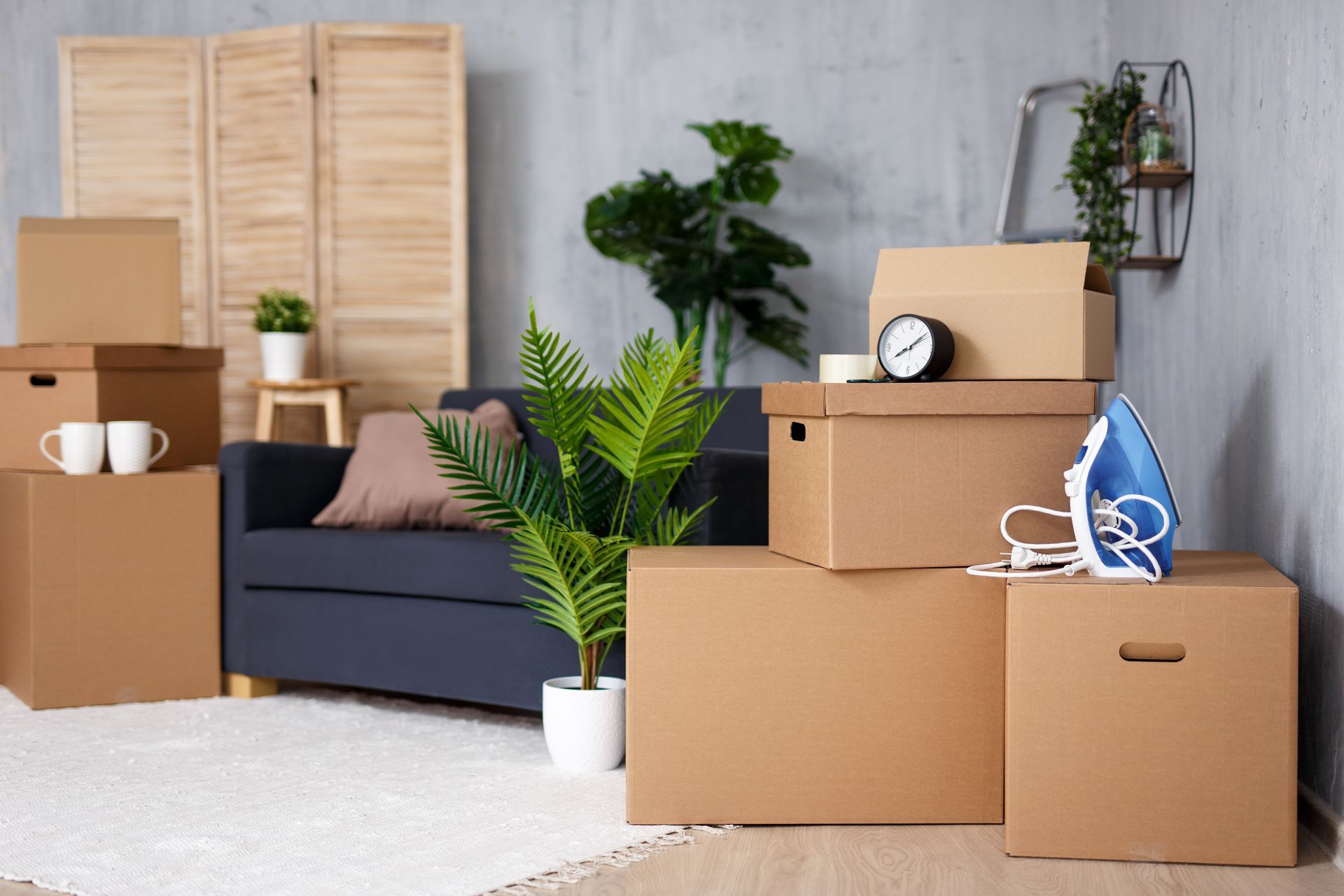 a stack of cardboard boxes in a living room including a clock and an iron