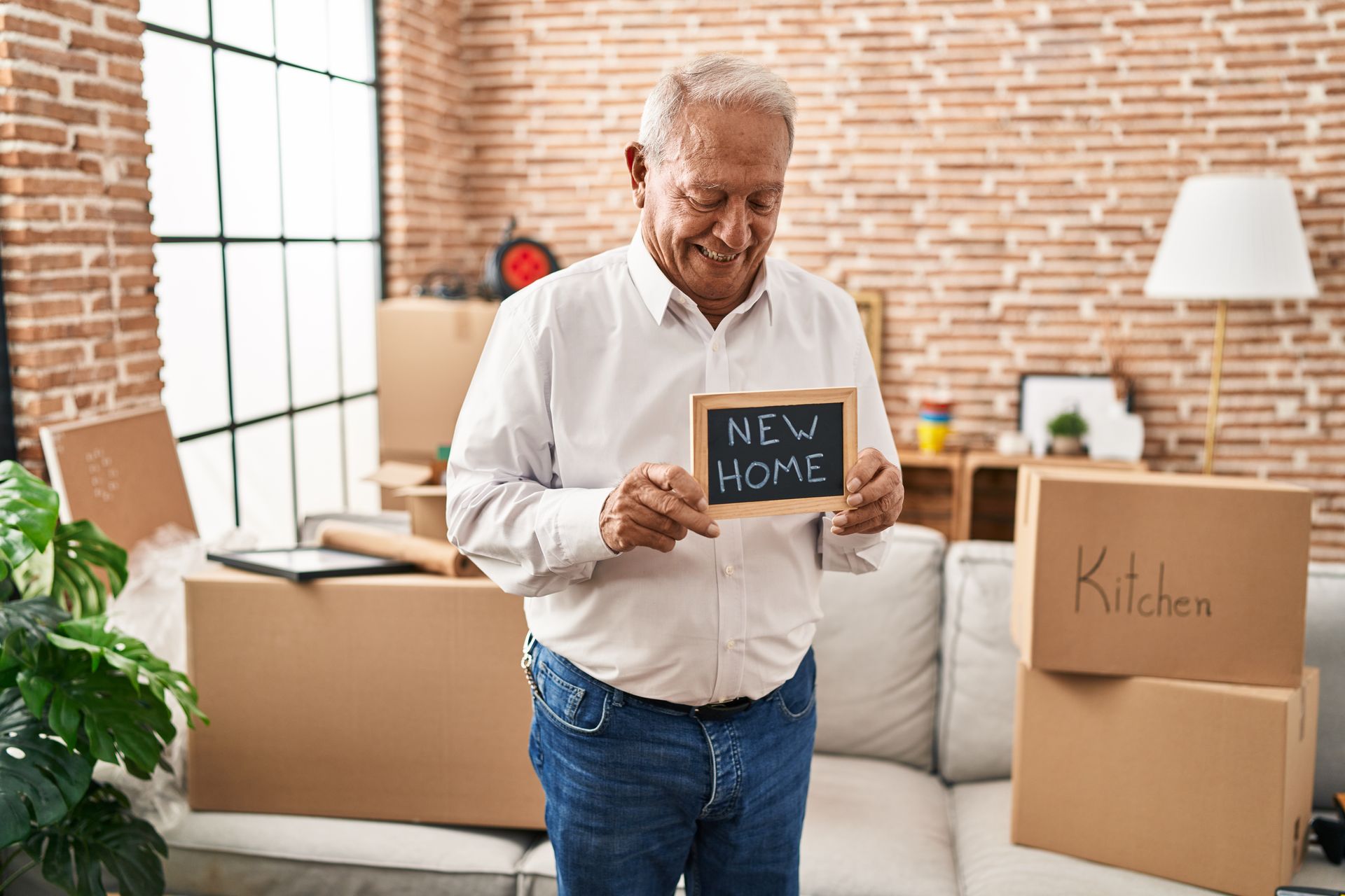 a man holding a sign that says new home