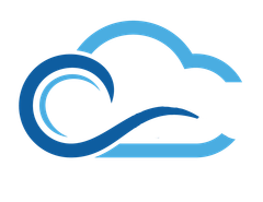A logo featuring a dark blue wave curling inside a light blue cloud outline against a white background.