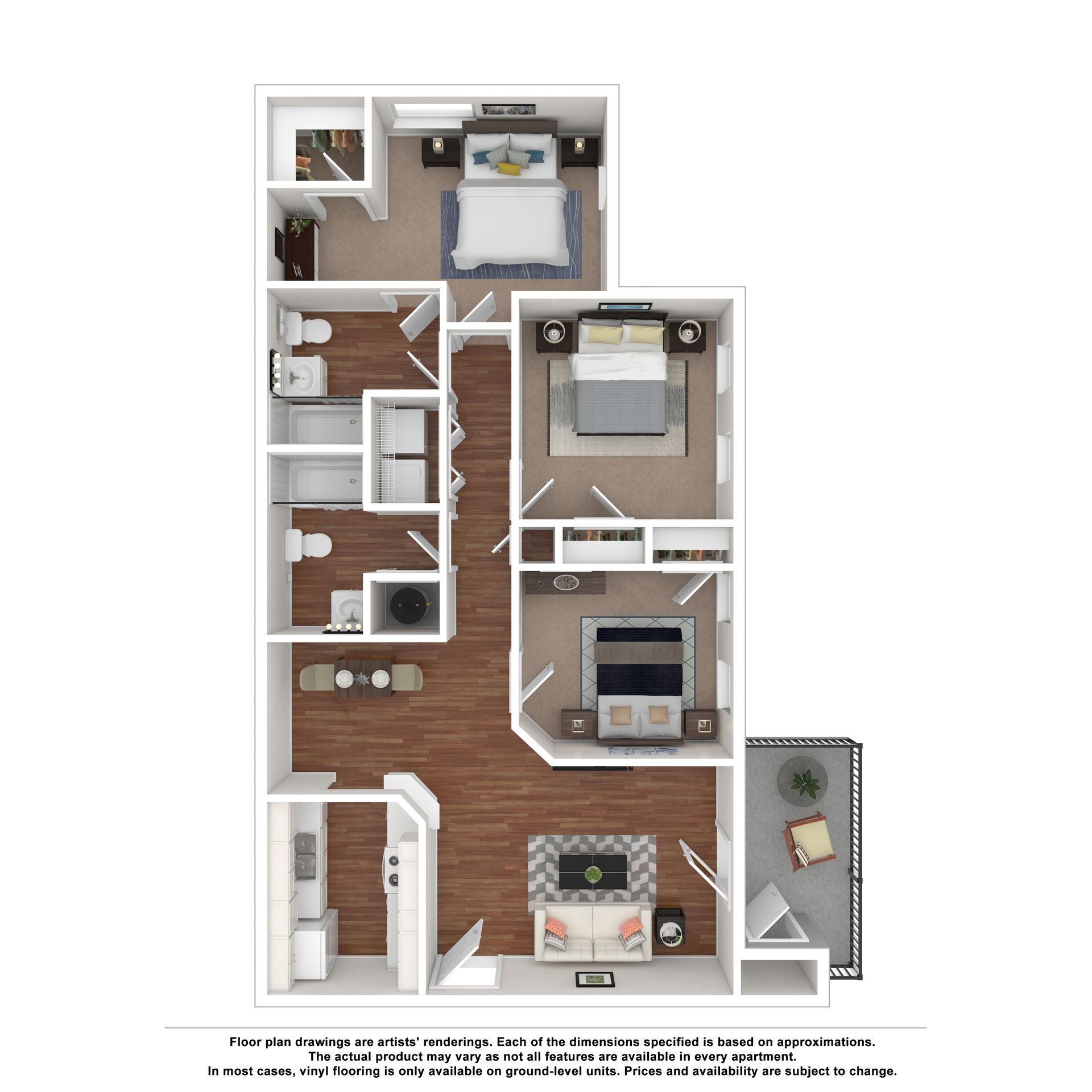 A 3-bedroom, 2-bathroom apartment floor plan showing a kitchen, dining area, living room, balcony, and laundry closet.