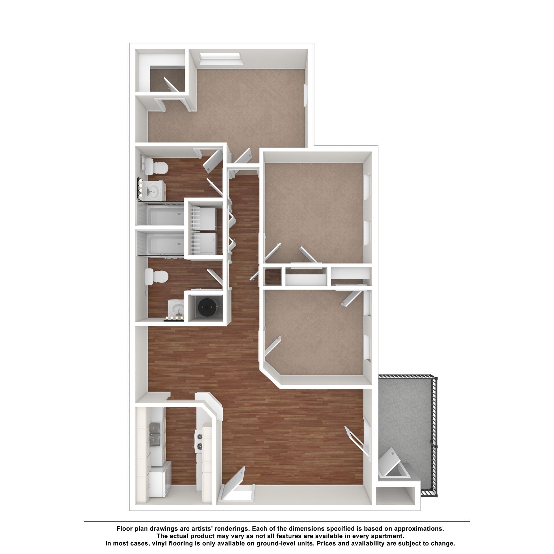 A 3-bedroom, 2-bathroom apartment floor plan showing a kitchen, dining area, living room, balcony, and laundry closet.