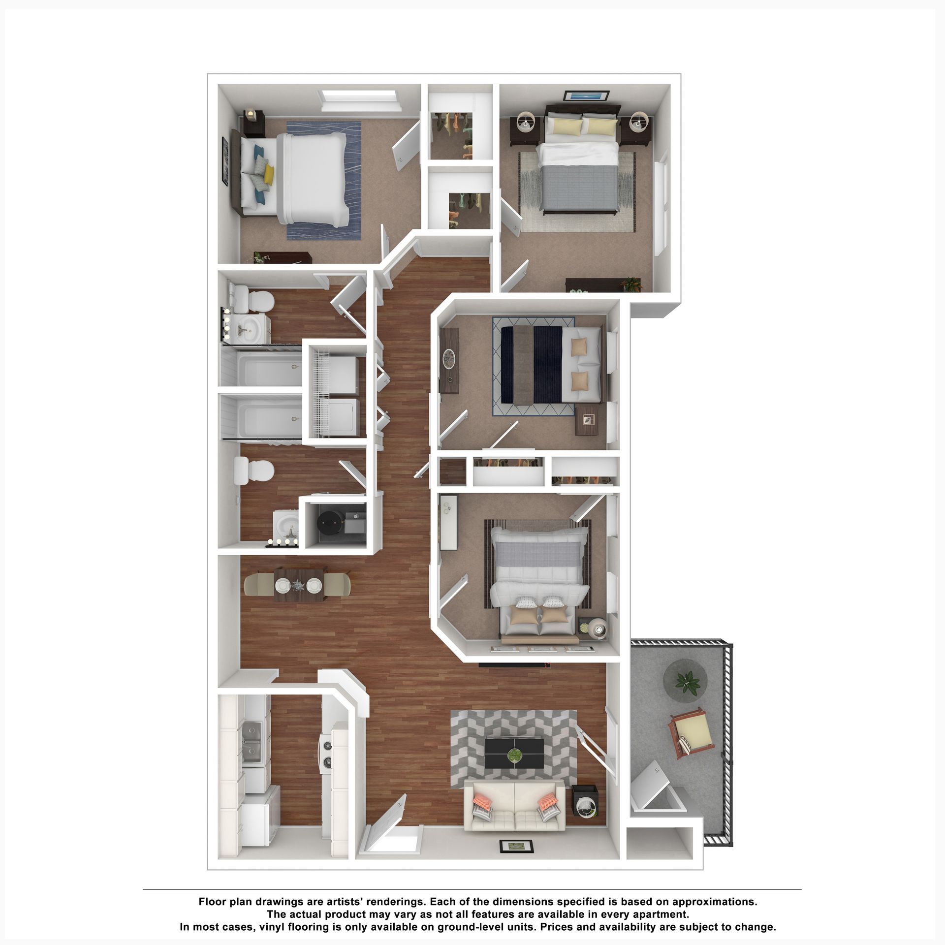 Floor plan of a three-bedroom apartment with two bathrooms, a kitchen, a living area, and a balcony.