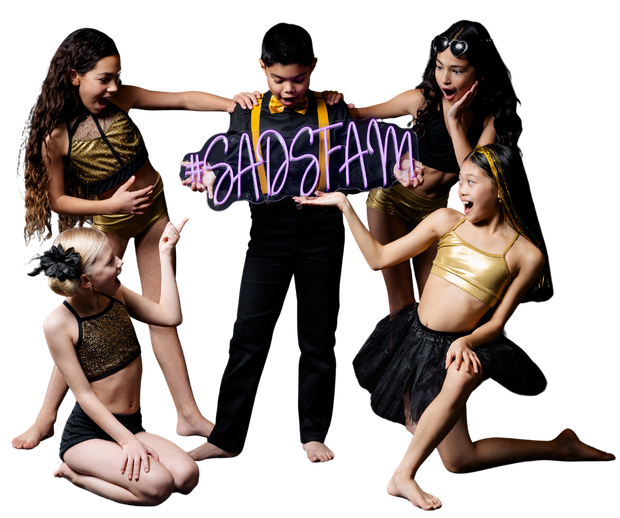 Five performers posing around a glittery “DANCEFAM” sign on a white background