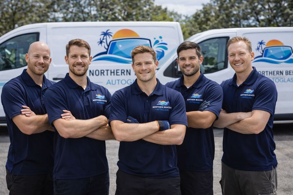 Five men in blue shirts with arms crossed in front of two company vans.
