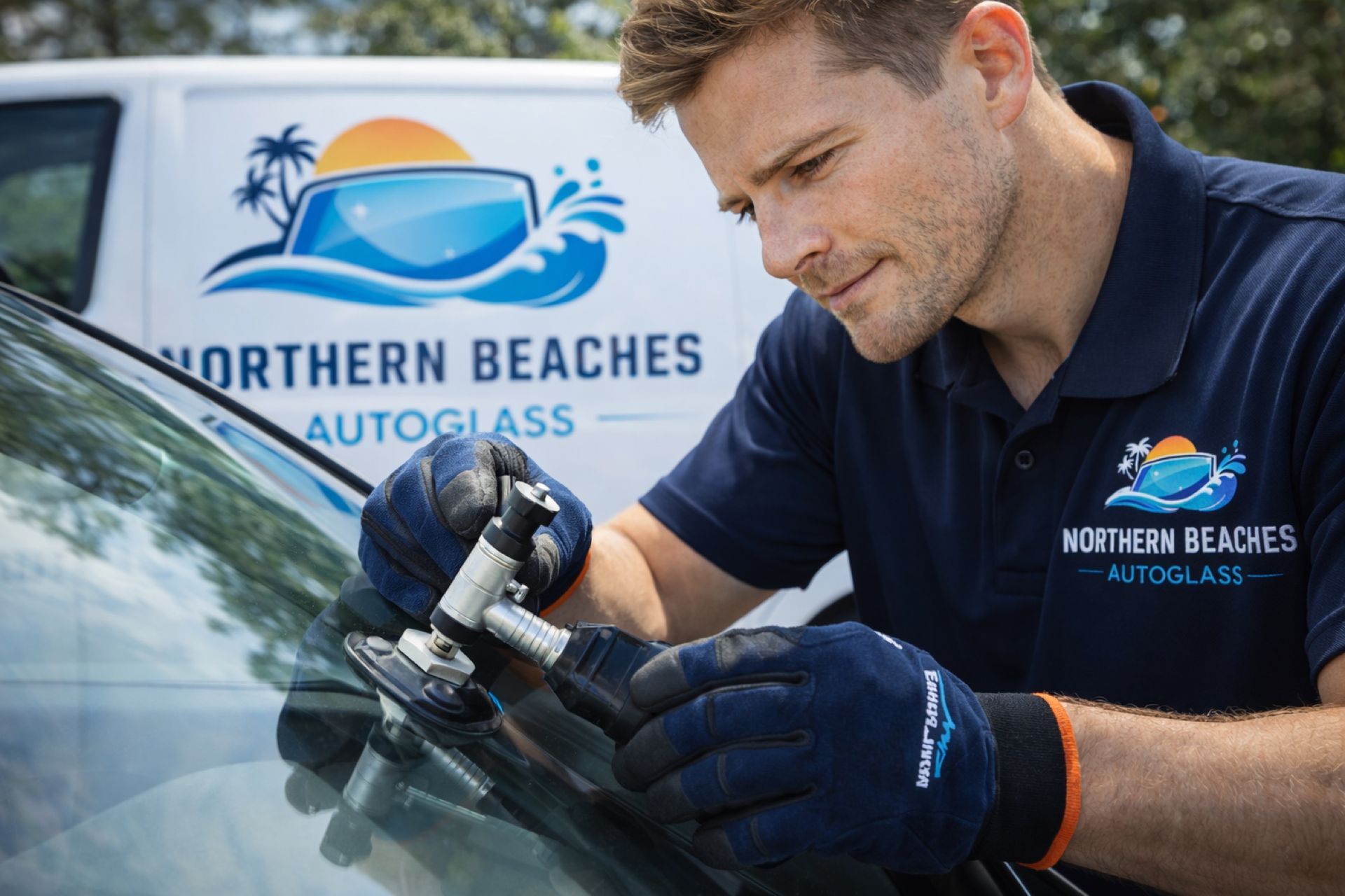 Man in blue shirt repairing a car windshield.