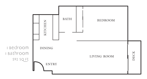 Floor plan of a one-bedroom, one-bathroom apartment with kitchen, dining, living room, and entry.