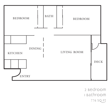 2-bedroom, 1-bathroom floor plan with kitchen, dining, living room, entry, and deck.