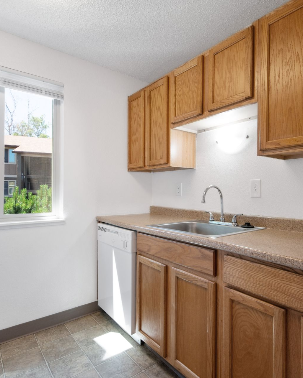 Bright kitchen with wooden cabinets, sink, dishwasher, and a sunlit window.