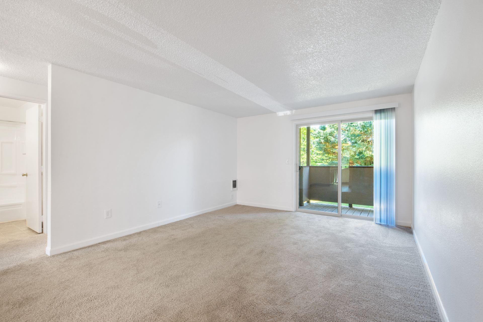 Empty white bedroom with beige carpet and sliding glass doors to a balcony
