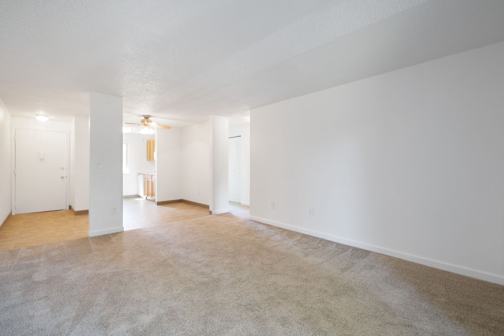 Empty carpeted living room with white walls and ceiling, and a doorway leading to a brighter area