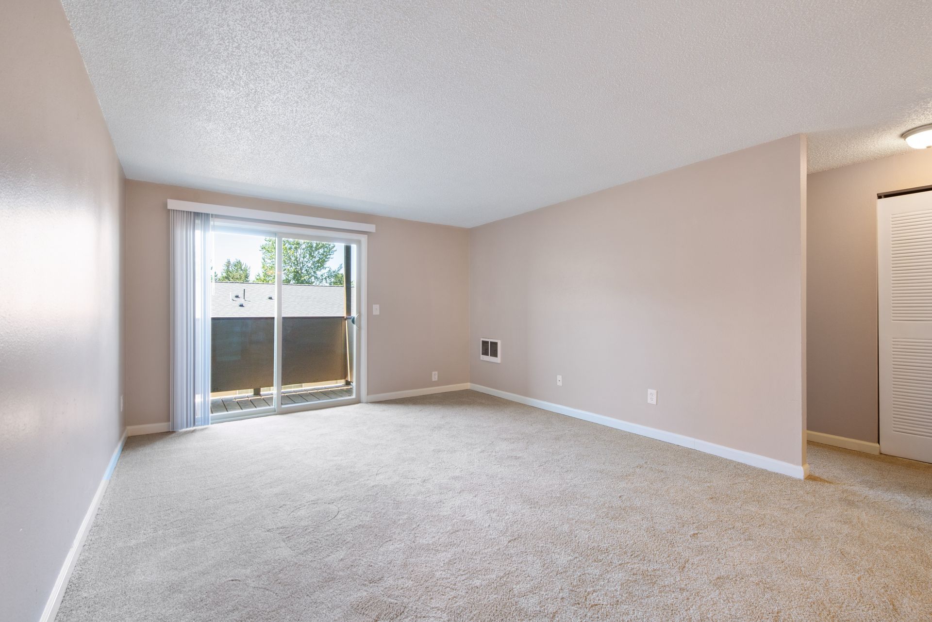 Empty beige carpeted room with sliding glass door, neutral walls, and white trim