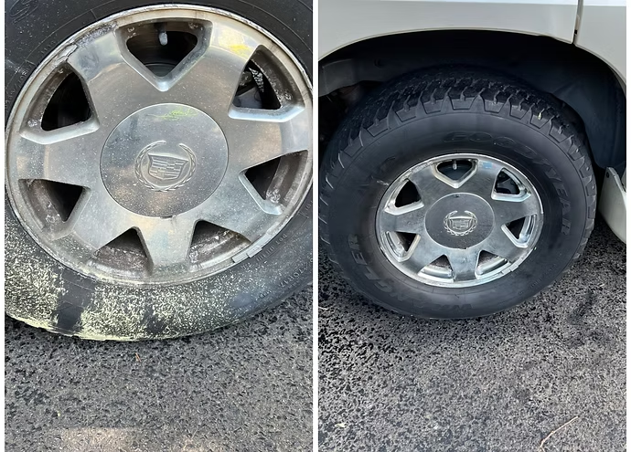 Close-up of a dirty car tire and wheel rim on a gravel road, shown in two views.