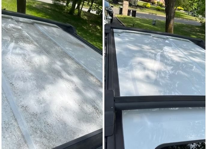 Two-panel view of a white car roof or sunroof covered in speckled residue under trees.