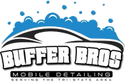 Bucker Bros Mobile Detailing logo with blue water splash and black-and-white car outline