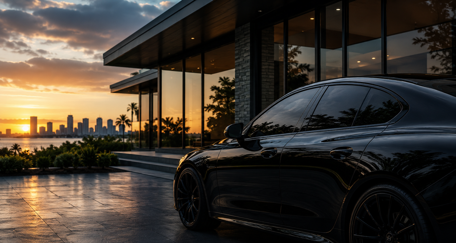 Black sports car parked outside a modern house at sunset, with a city skyline in the distance