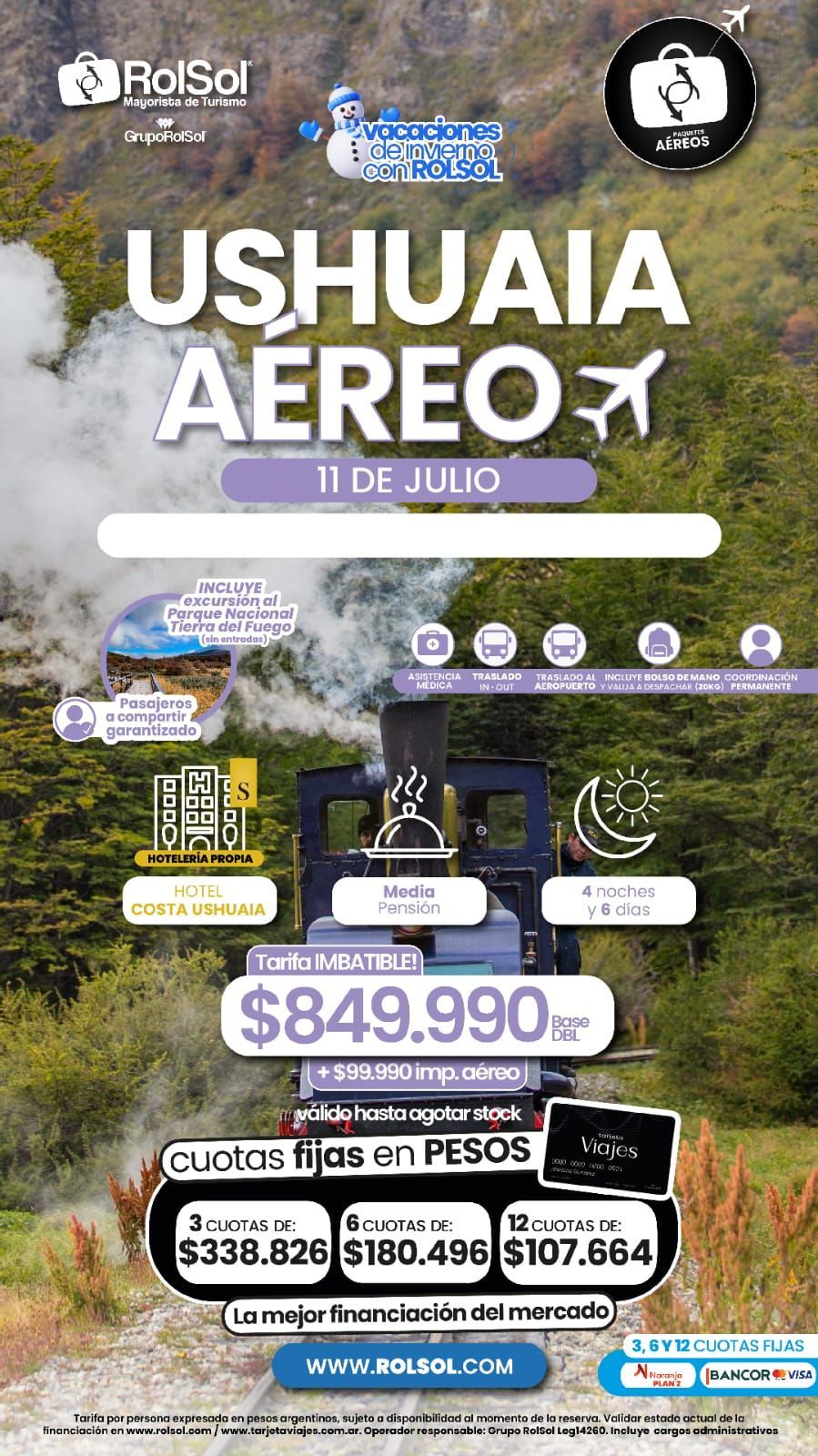 Promoción de vuelo aéreo a Ushuaia con precios y fecha 11 de junio sobre fondo de paisaje natural