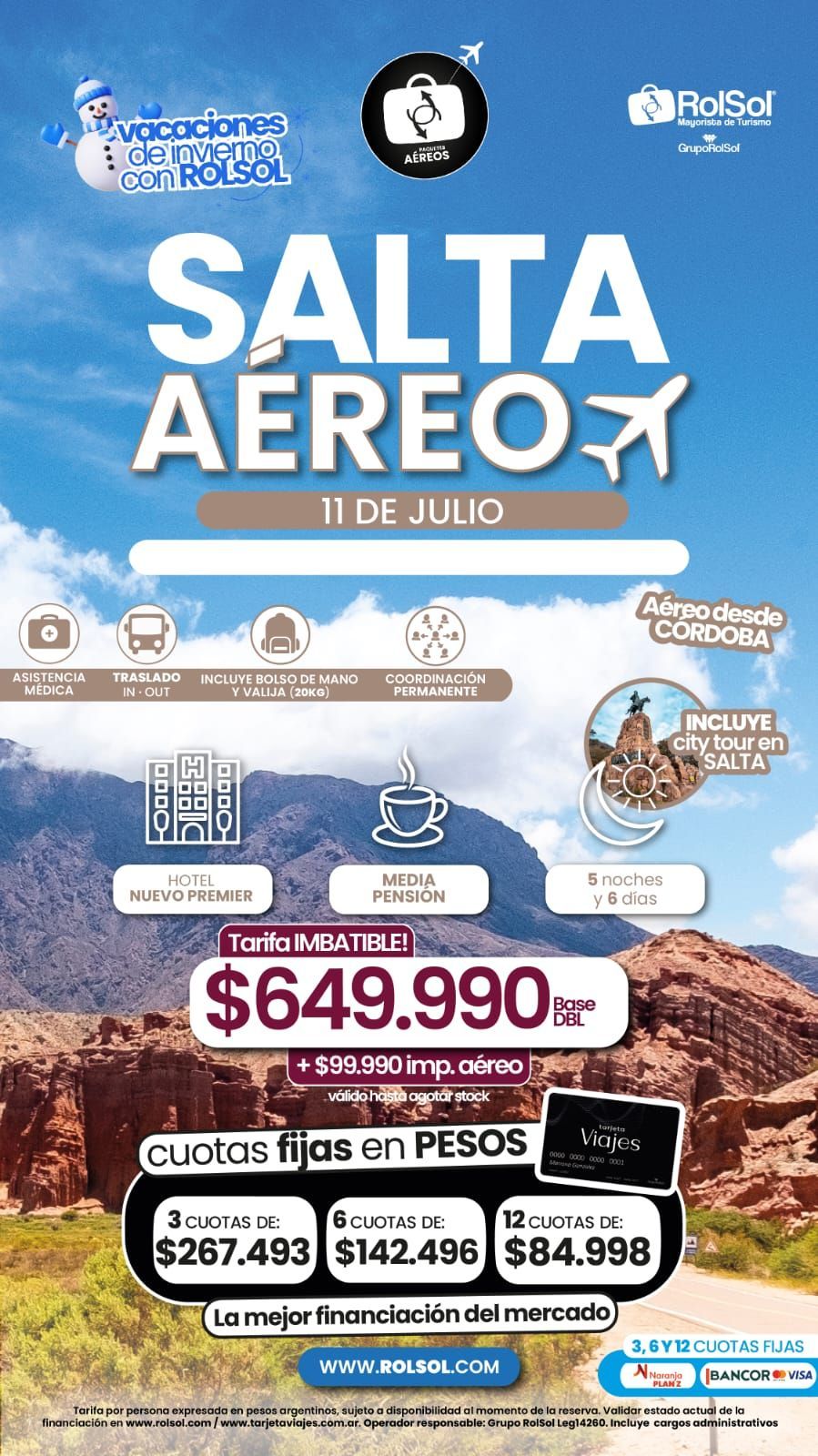 Promoción de viajes de Salta Aéreo con cielo azul, icono de avión y precio de 649.990 dólares para vuelos de julio.