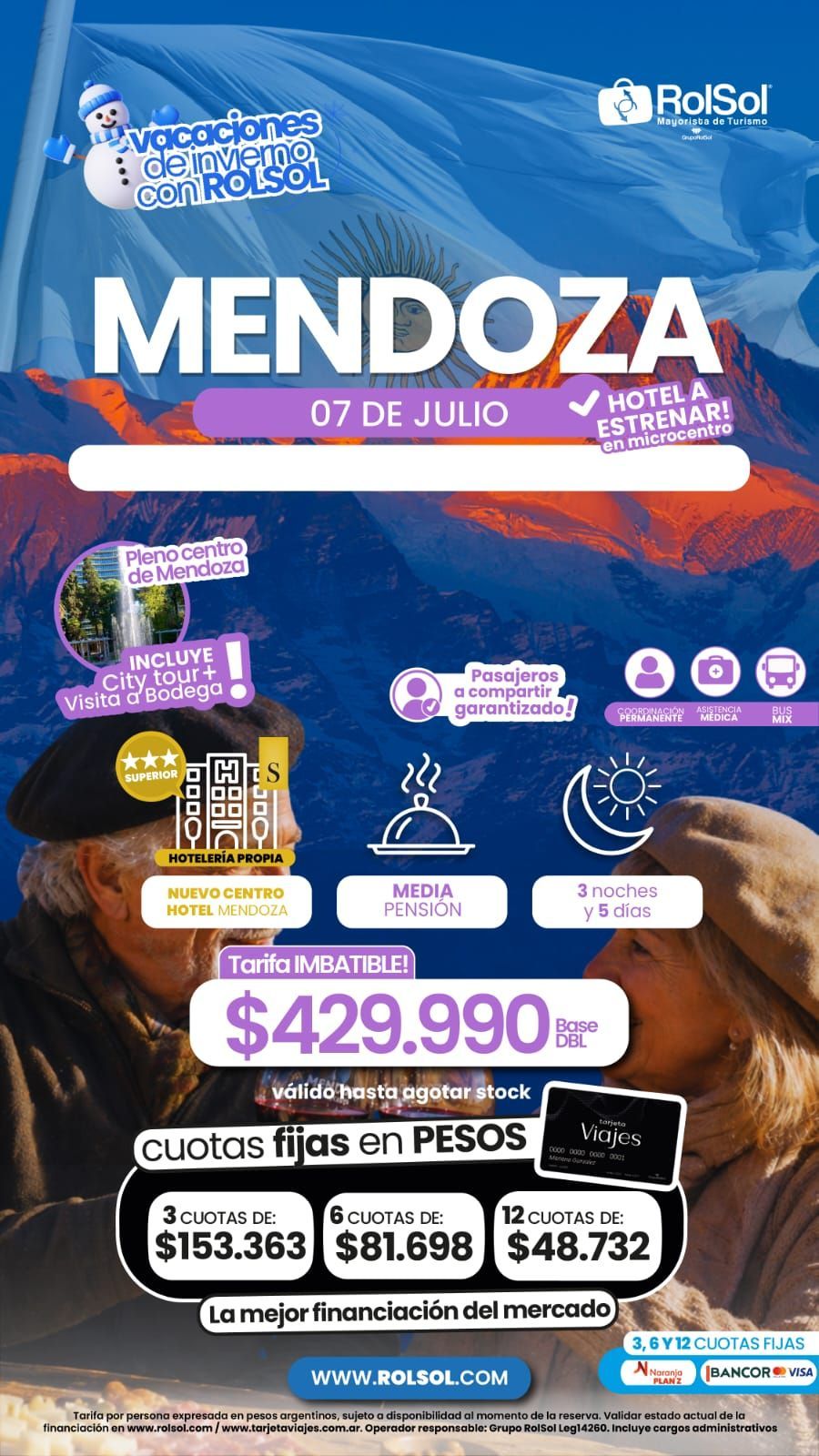Cartel promocional de Mendoza con paisajes de montaña, puntos destacados del itinerario y precio de $429.990 por persona.