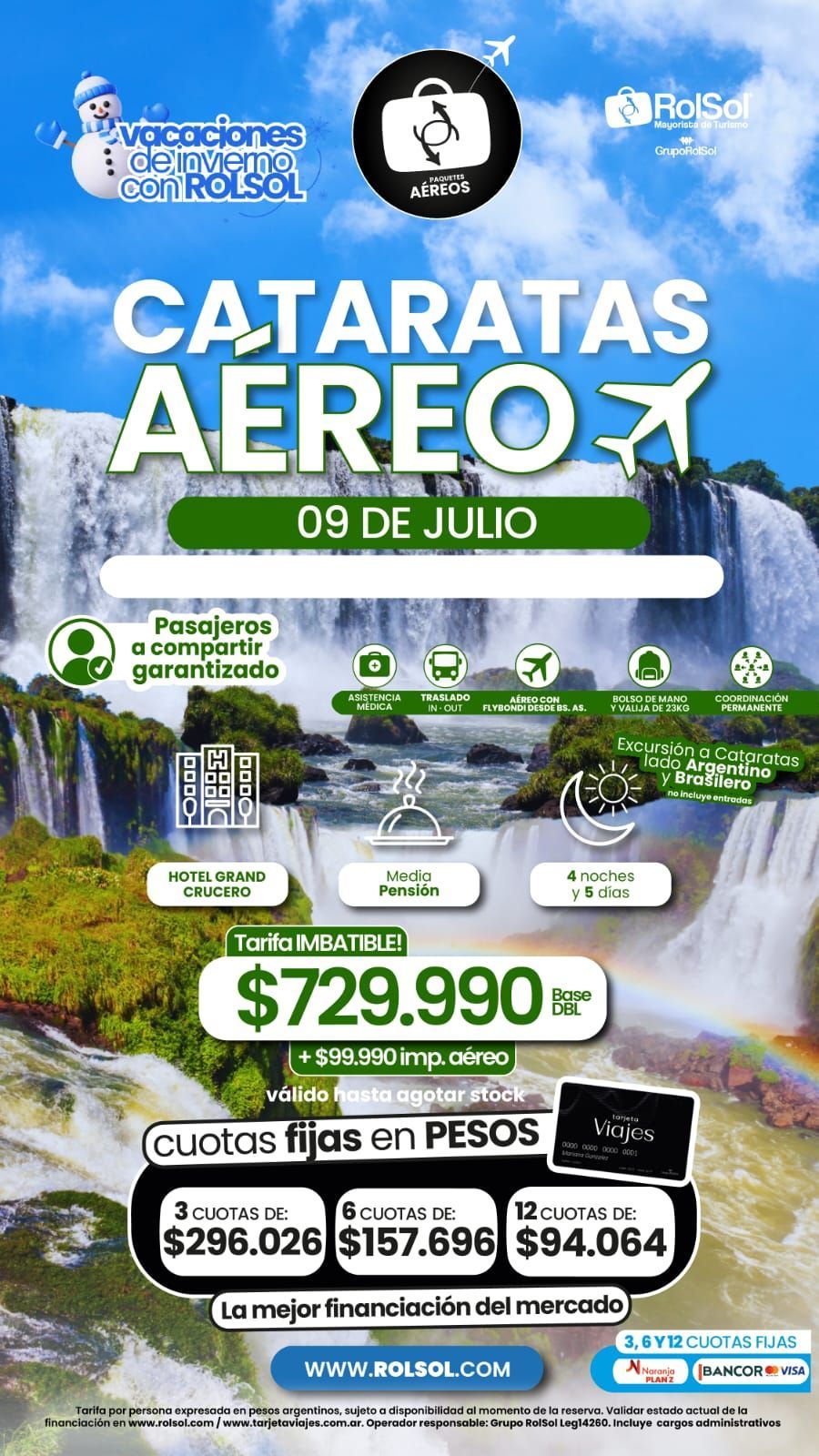 Promoción Cataratas Aéreas a Iguazú para el 9 de julio, con cascada de fondo y precio de $729.990.