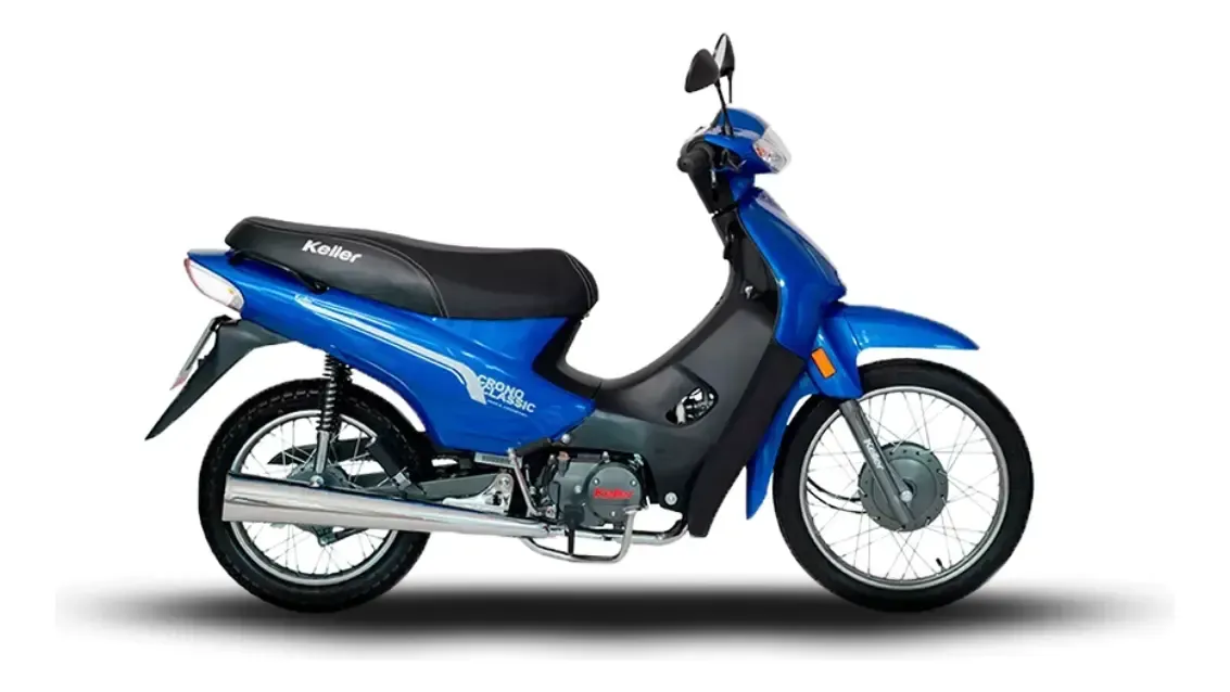 Motocicleta scooter azul sobre fondo blanco, vista lateral