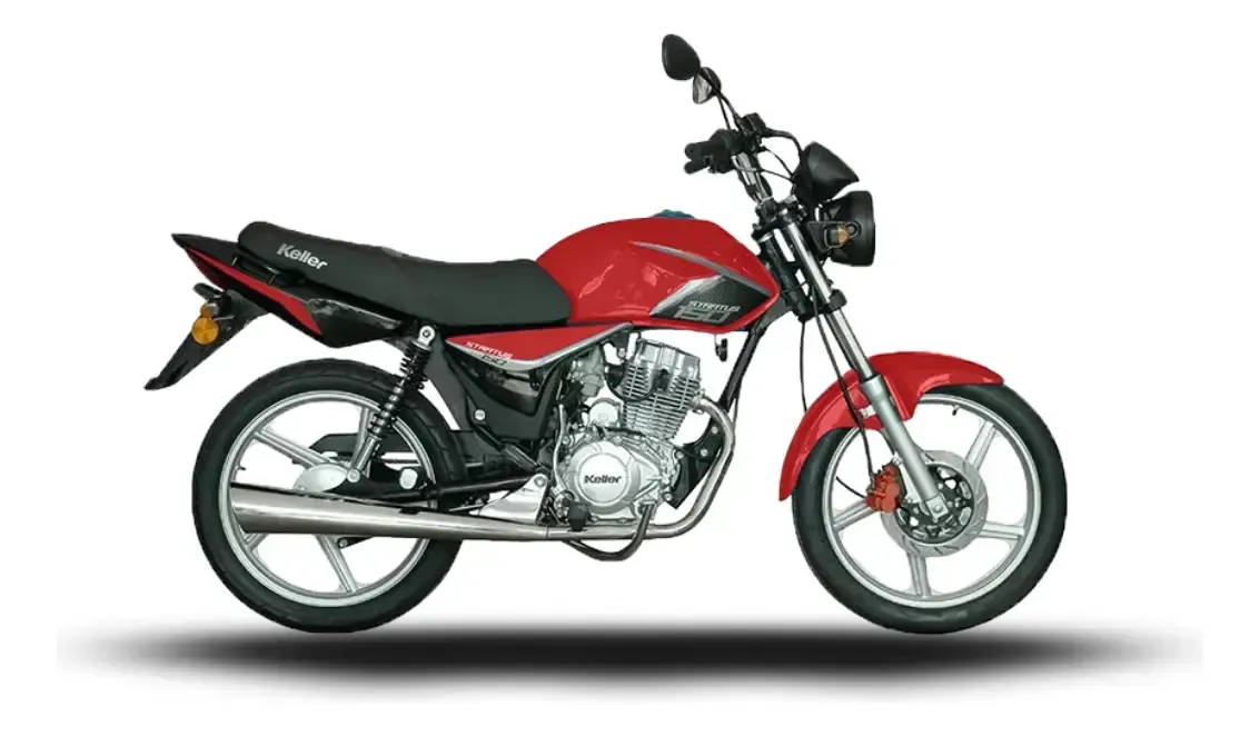 Motocicleta roja y negra vista lateral sobre un fondo blanco.