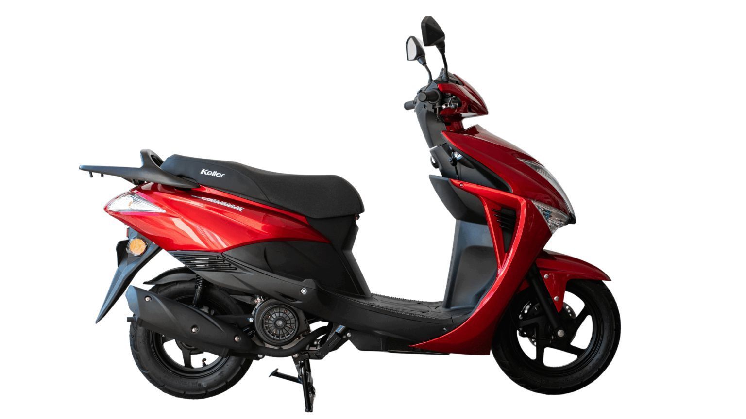 Vista lateral de un scooter negro y turquesa sobre un fondo blanco.