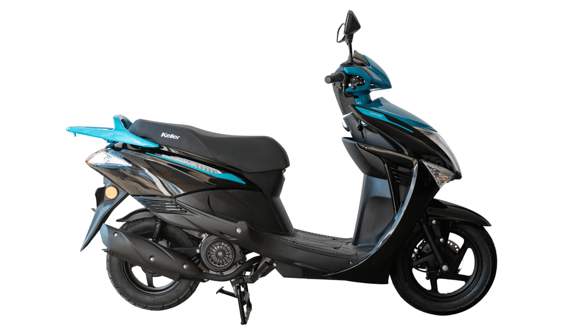 Vista lateral de un scooter negro y turquesa sobre un fondo blanco.