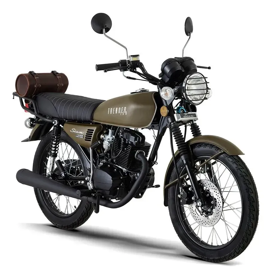 Motocicleta de estilo vintage en negro y verde oliva con faro redondo, espejos y portaequipajes trasero, sobre fondo blanco.
